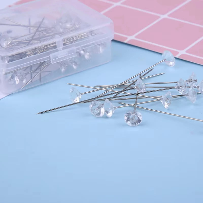 Fenrry 100PCS Diamond Head Pins – Crystal Corsage Sewing Pins, Straight Pins for Dressmaking & Party Decorations with Plastic Box
