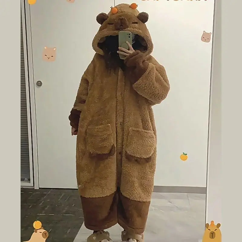 Winter Capybara Cosplay Costume - Adult Kigurumi Unicorn Onesie, Anime Nightgown, Halloween Cartoon Pajamas & Sleepwear