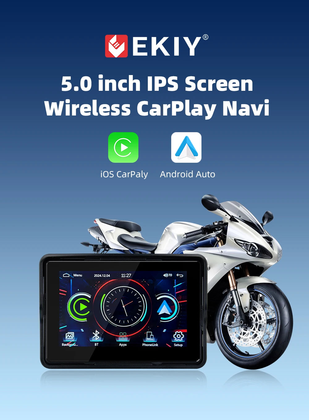 EKIY 5" Portable Motorcycle GPS Navigation Display – Digital Dashboard with Wireless CarPlay & Android Auto