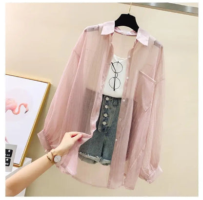 Summer Sunscreen Shirt – Elegant Thin Chiffon Korean Harajuku See-Through Loose Blouse & Casual Women’s Cardigan