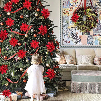 Glitter Artificial Christmas Flowers – 14.5cm Pink, Red & Gold Tree Ornaments for Holiday Home Decor