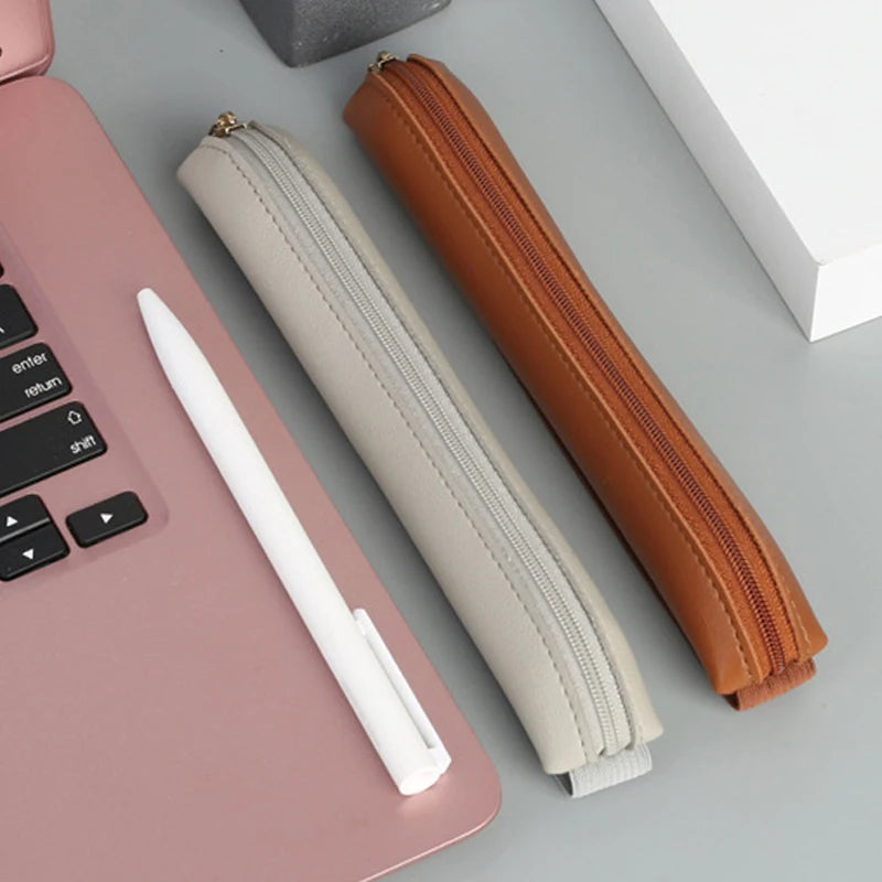 PU Leather Pencil Bag - Portable Multi-Function Storage Pouch with Elastic Band & Pen Clip for Office, Laptop & Notebook