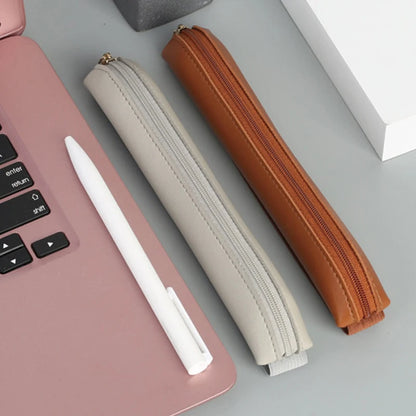 PU Leather Pencil Bag - Portable Multi-Function Storage Pouch with Elastic Band & Pen Clip for Office, Laptop & Notebook
