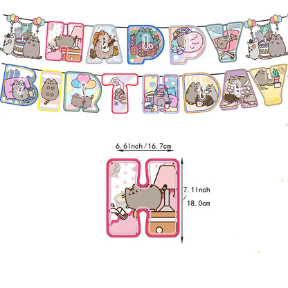 Pusheen Cat Birthday Party Decorations - Cartoon Pet Theme Balloons, Banner, Backdrop, Cake Topper, and Baby Shower Stickers