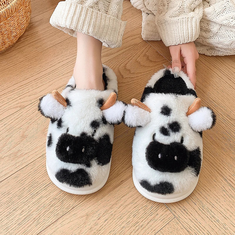 Women’s Fluffy Cartoon Cow Slippers – Cute Casual Flat Plush Winter Platform Shoes for Home