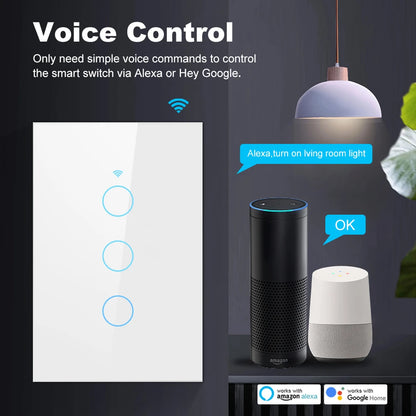 Tuya Smart WiFi Bluetooth Wall Touch Light Switch No Neutral Wire Required US 1-4 Gang Alexa Google Home Compatible Switch