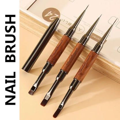 Double-Head Sandalwood Handle Nail Brush – Liner Brush Painting Pen, Gel Brush for Crystal Nail Art Manicure