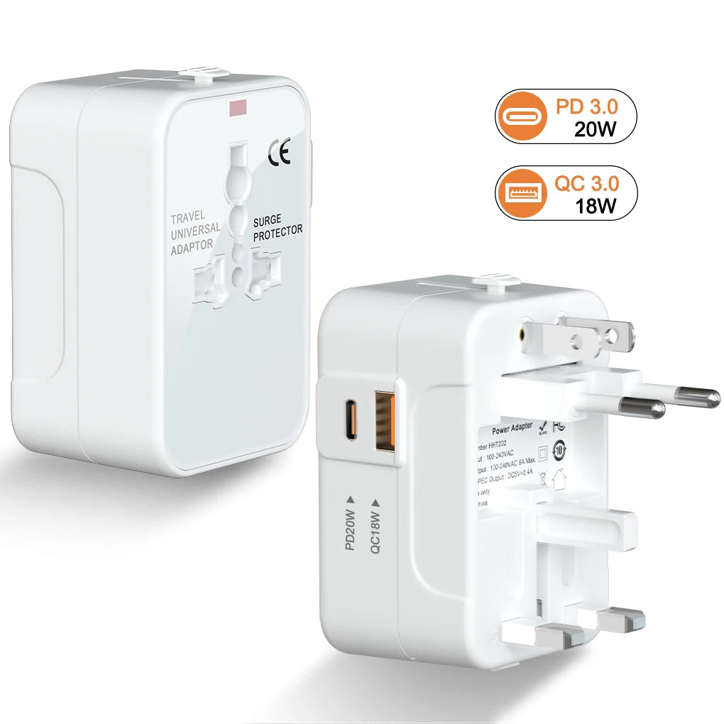 International Travel Adapter with USB-A QC18W & Type-C PD20W Fast Charger – Universal Wall Charger for UK, EU, AU, US Plugs