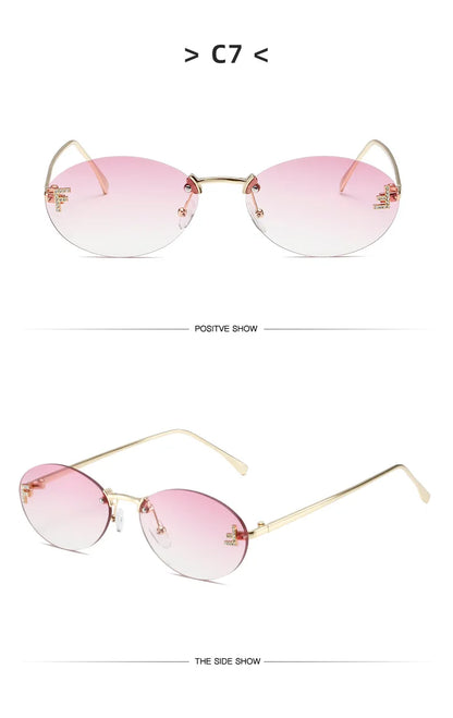 Diamond Letter "F" Rimless Sunglasses | Women’s Luxury Metal Frame Black Oval UV400 Shades