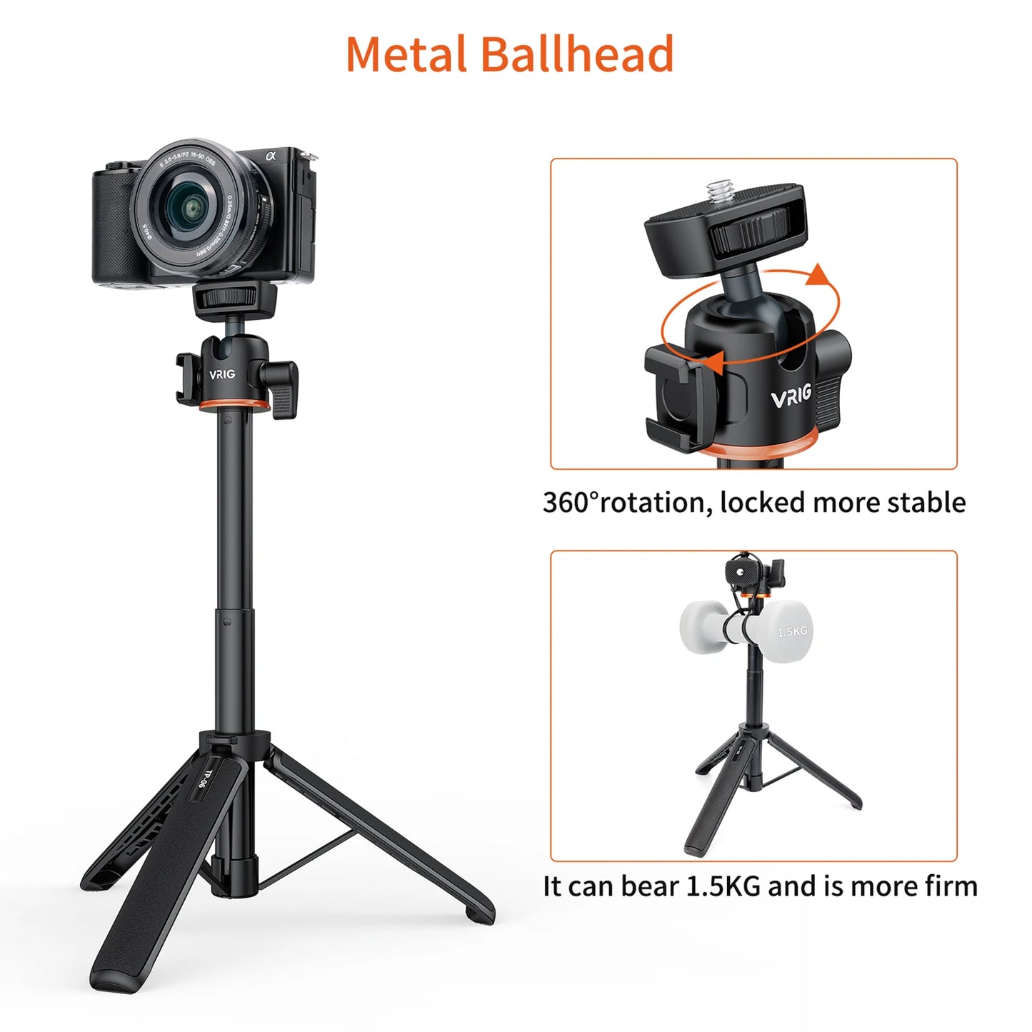 VRIG TP-08 TP-06 Tripod Stand Selfie Stick – Aluminum Alloy with 1/4 Inch Screw, Cold Shoe Mount & 360° Rotation, 1.5kg Load Capacity