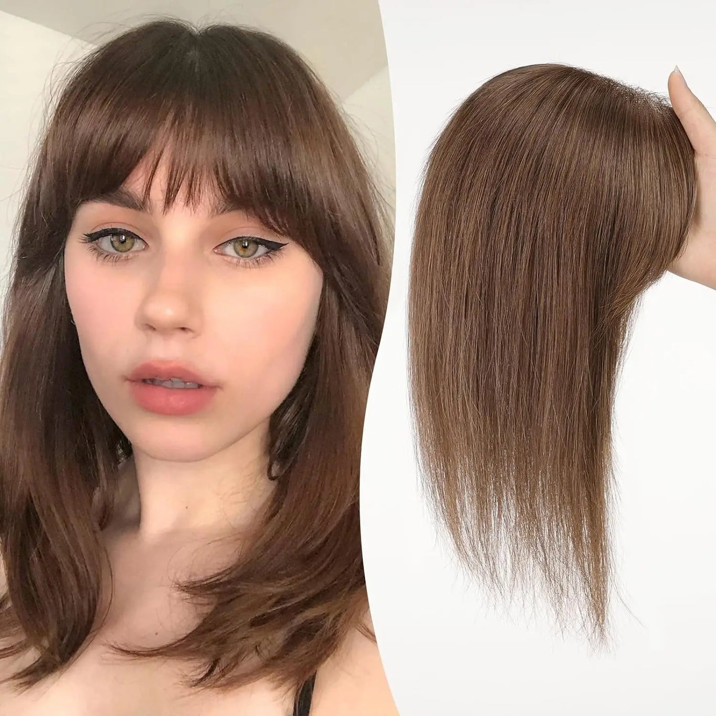 12 Inch Real Human Hair Topper with Bangs – Ombre Light Brown Silk Lace Base, 3-Clip Hair Extension for Women
