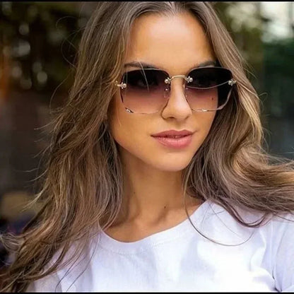 Fashion Rimless Square Sunglasses for Women - Designer Gradient Frameless Sun Glasses, Stylish Mirror Shades