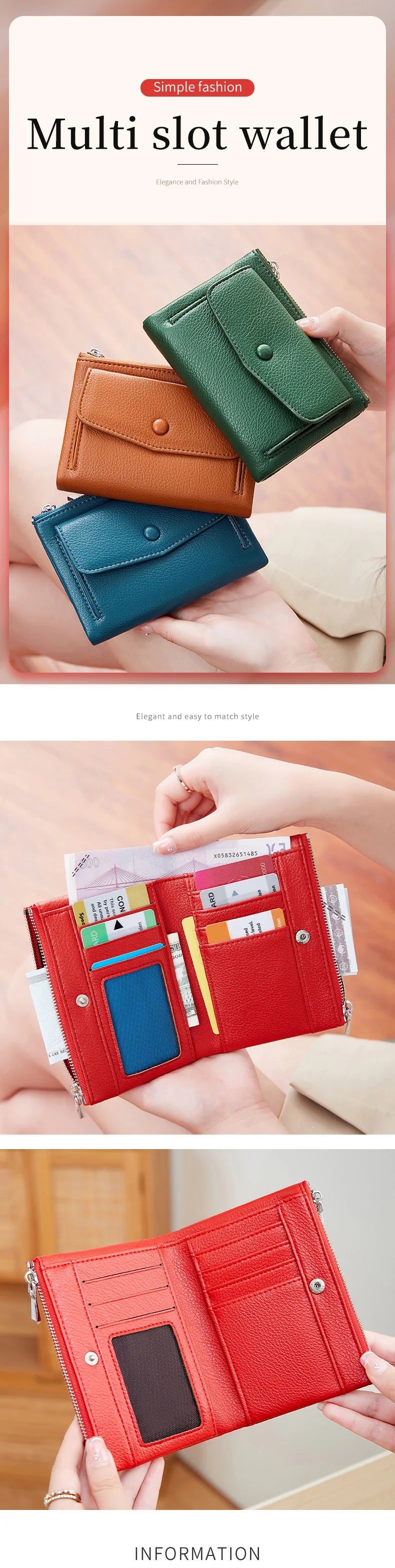 Women’s PU Leather Short Double Zipper Wallet – Simple Solid Color, Large Capacity Credit Card Holder with Coin Pocket