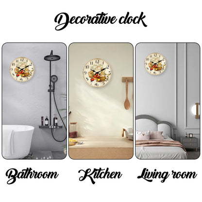 Retro Provence Wooden Wall Clock – Olive Oil & Tomato Pattern, Silent Quartz for Living Room, Bedroom, Kitchen | 10-16 Inch Home Decor, Holiday Gift (No Batteries)
