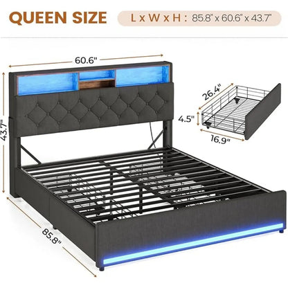 Queen Bed Frame with Headboard & 4 Drawers – LED Upholstered and Metal Bed with Charging Station, Twin & Queen Sizes