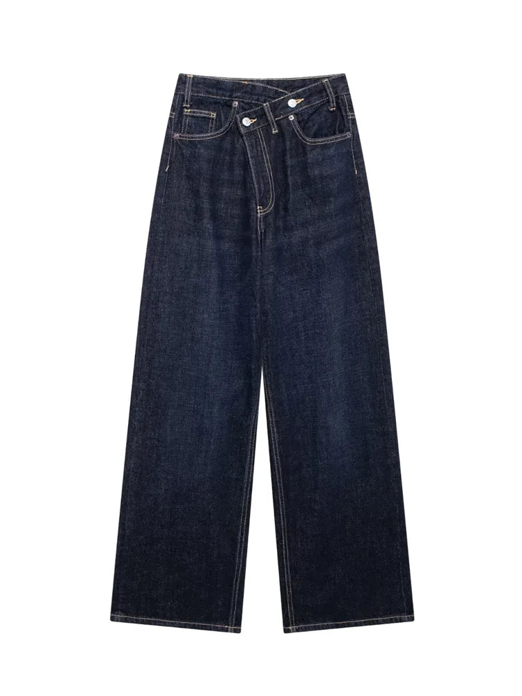 TRAF Women’s Basic Hundred Jeans — High Waist Asymmetric Wide-Leg Trousers, Casual Straight-Leg Fashion Jeans