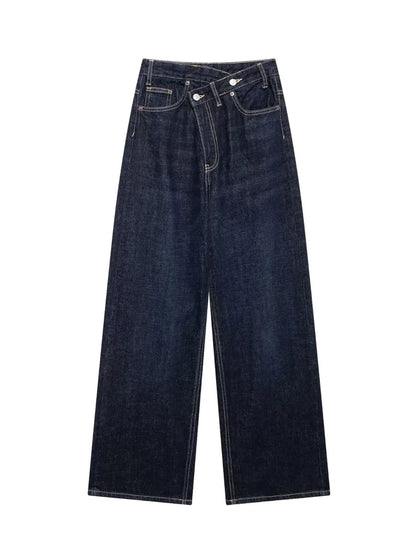 TRAF Women’s Basic Hundred Jeans — High Waist Asymmetric Wide-Leg Trousers, Casual Straight-Leg Fashion Jeans