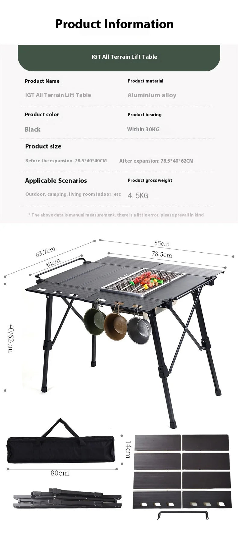 Lohascamping Folding IGT Table – Lightweight Portable Roll-Up Table with Adjustable Legs for Camping, BBQ & Outdoor Cooking