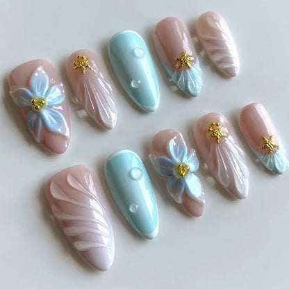 24PCS Strawberry Bow Press On Nails - Red Short Almond Pearl Starlight Floral False Nail Art Tips