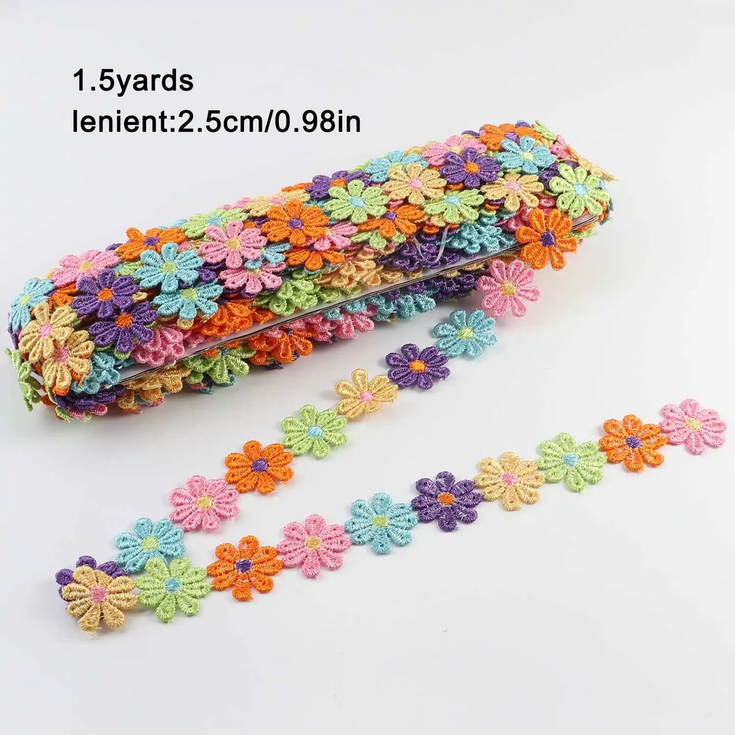Daisy Flower Lace Trim Ribbon – 2.5CM Wide, 1.5 Yards Embroidered DIY Patchwork Sewing & Craft Supplies, Colorful