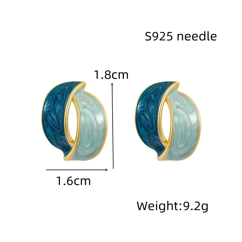 Korean Double Arc Enamel Stud Earrings – Blue Geometric Jewelry for Women