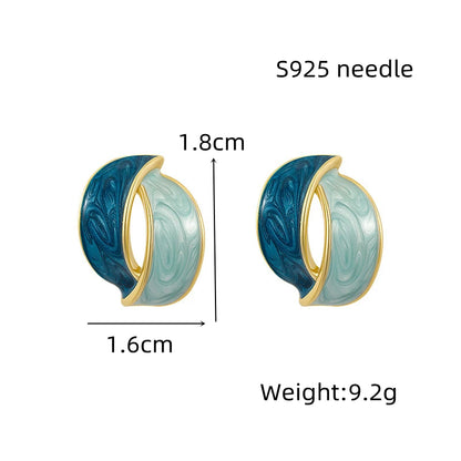 Korean Double Arc Enamel Stud Earrings – Blue Geometric Jewelry for Women