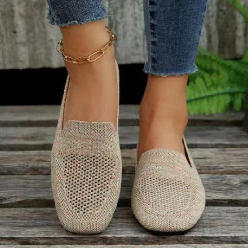 Solid Color Square Toe Mesh Loafers – Women’s Casual Slip-On Ballet Flats, Soft Bottom Knit Boat Shoes
