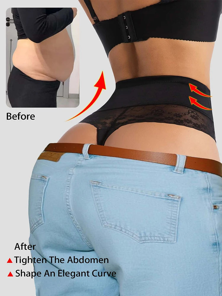 Women’s High-Waist Tummy Control Shapewear - Lace Slimming Body Shaper Briefs with Flat Belly Support and Thong Design