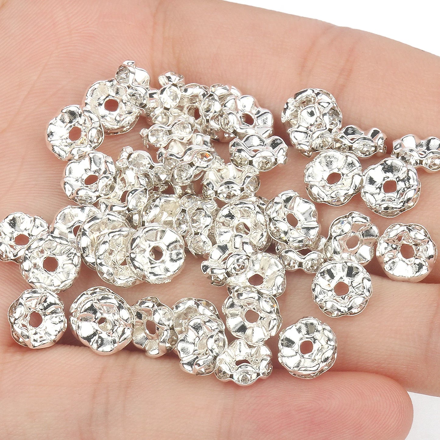 50PCS Rhinestone Spacer Beads Set – Multi-Color Crystal Rondelle Metal Beads for DIY Jewelry & Bracelet Making