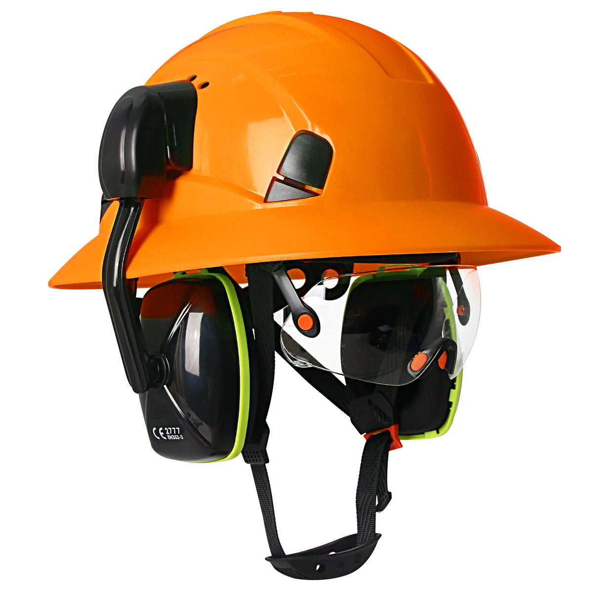 CE Full Brim Safety Helmet - HDPE Construction Hard Hat with Built-In Goggles & Earmuffs