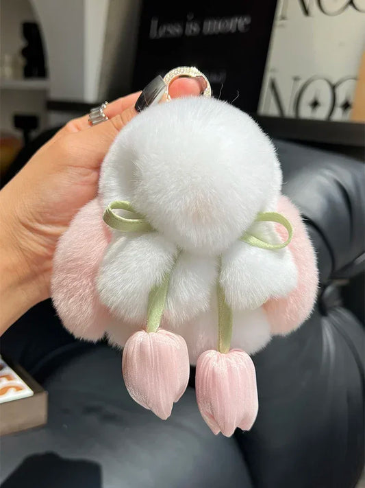 Cute Real Rex Rabbit Fur Keychain – Mini Bunny Pendant Bag Charm & Car Key Ring Plush Toy Gift for Women