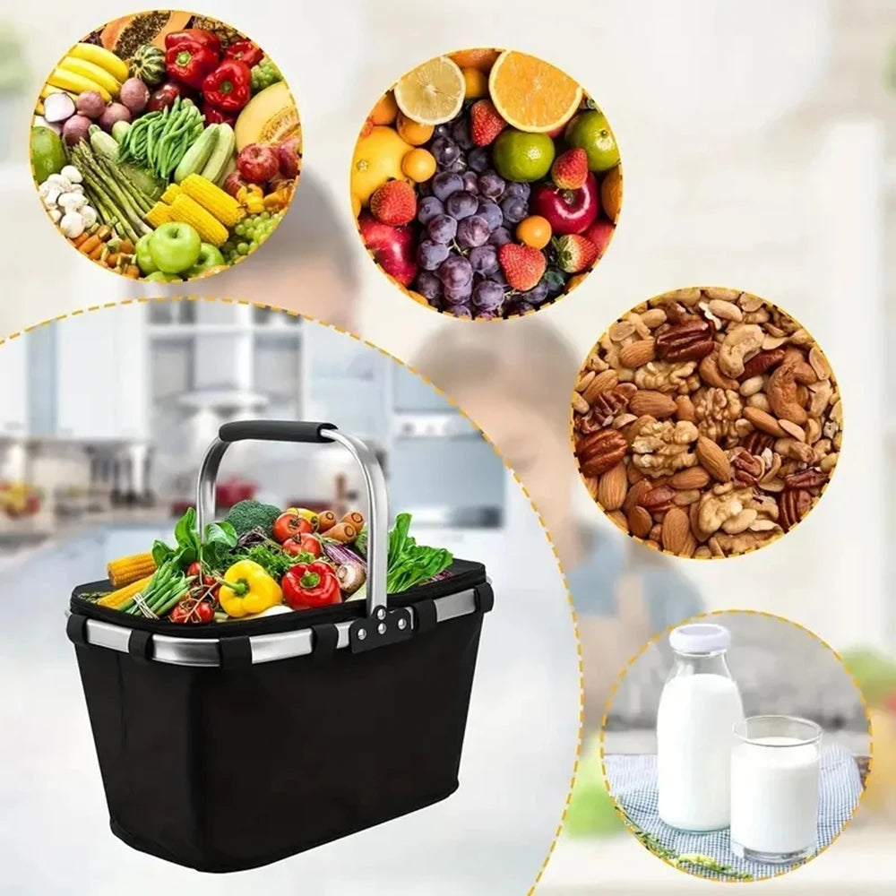 Folding Insulated Meal & Shopping Basket — Portable Handheld Cooler Bag for Outdoor Lunch, Ice Pack, and Food Delivery