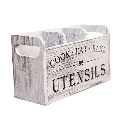 Wood Kitchen Utensil Holder Organizer – 3 Compartment Tableware Stand with Drainage Holes for Cutlery, Snack Bar & Kitchen Storage Use