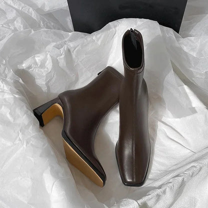 Vintage Warm Cotton Women’s Ankle Boots – Fashionable Square Toe, Elegant Autumn & Winter Short Booties with Thick Heel
