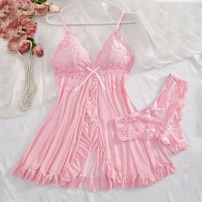 Women’s Lingerie Set — Plus Size Lace Nightgown, Thong & Suspender Sexy Sleepwear