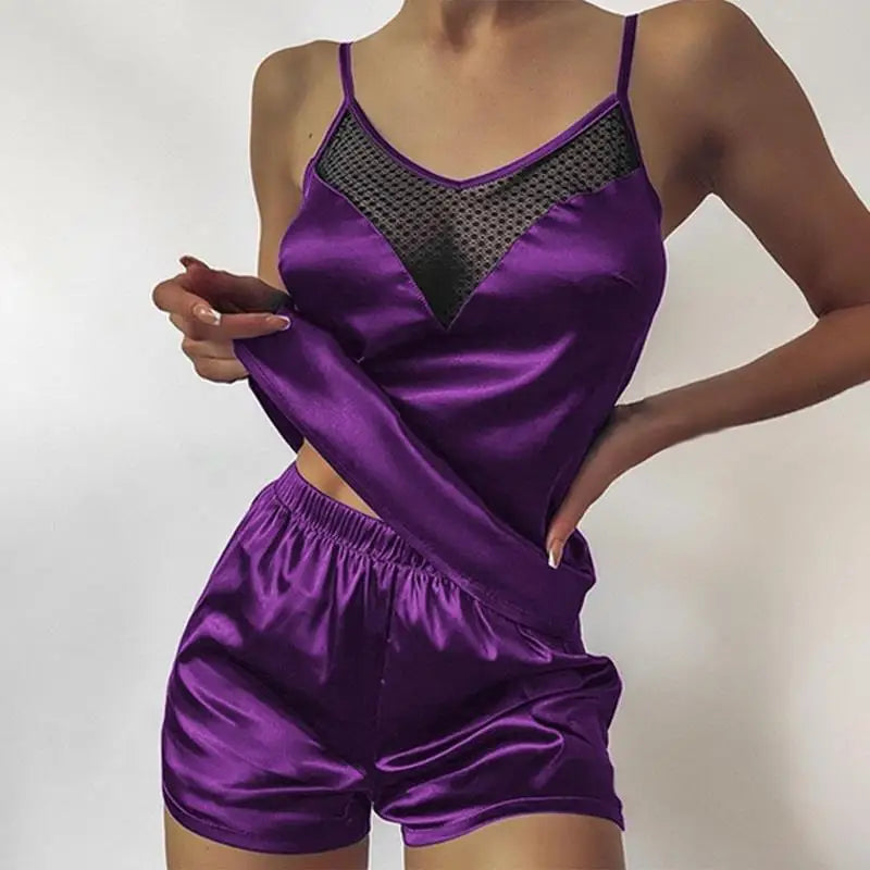 Women’s Summer Pajama Set – Pink Heart Print Ice Silk T-Shirt & Shorts, Comfortable Casual Round Neck Sleepwear