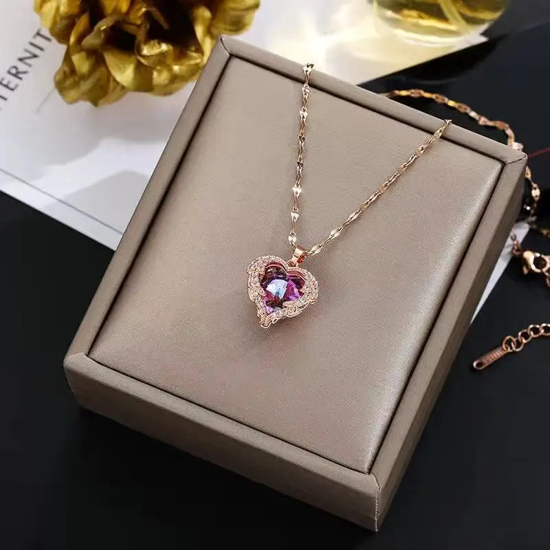 Top Luxury Colorful Crystal Ocean Heart Pendant Necklace – Trendy 316L Stainless Steel Jewelry for Women, Wedding Neck Chain