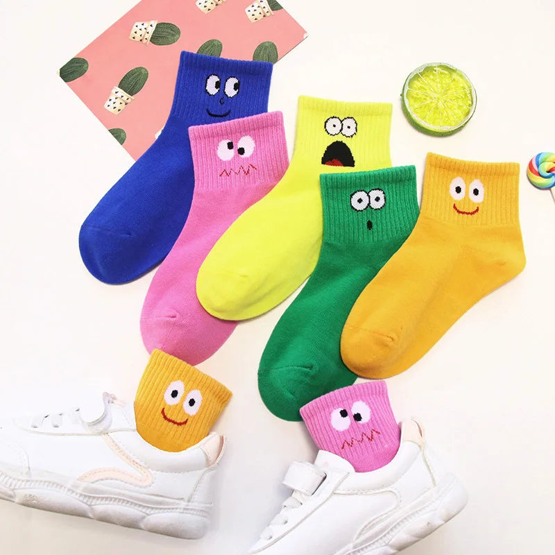 5 Pairs Kids Socks - Cute Emoticon Face Pattern, Comfortable & Breathable Socks for Boys & Girls