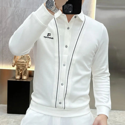 Men’s Business Casual Long Sleeve T-Shirt — Spring & Autumn Streetwear, Fake Two-Piece Fashion Top for Office & Social Wear