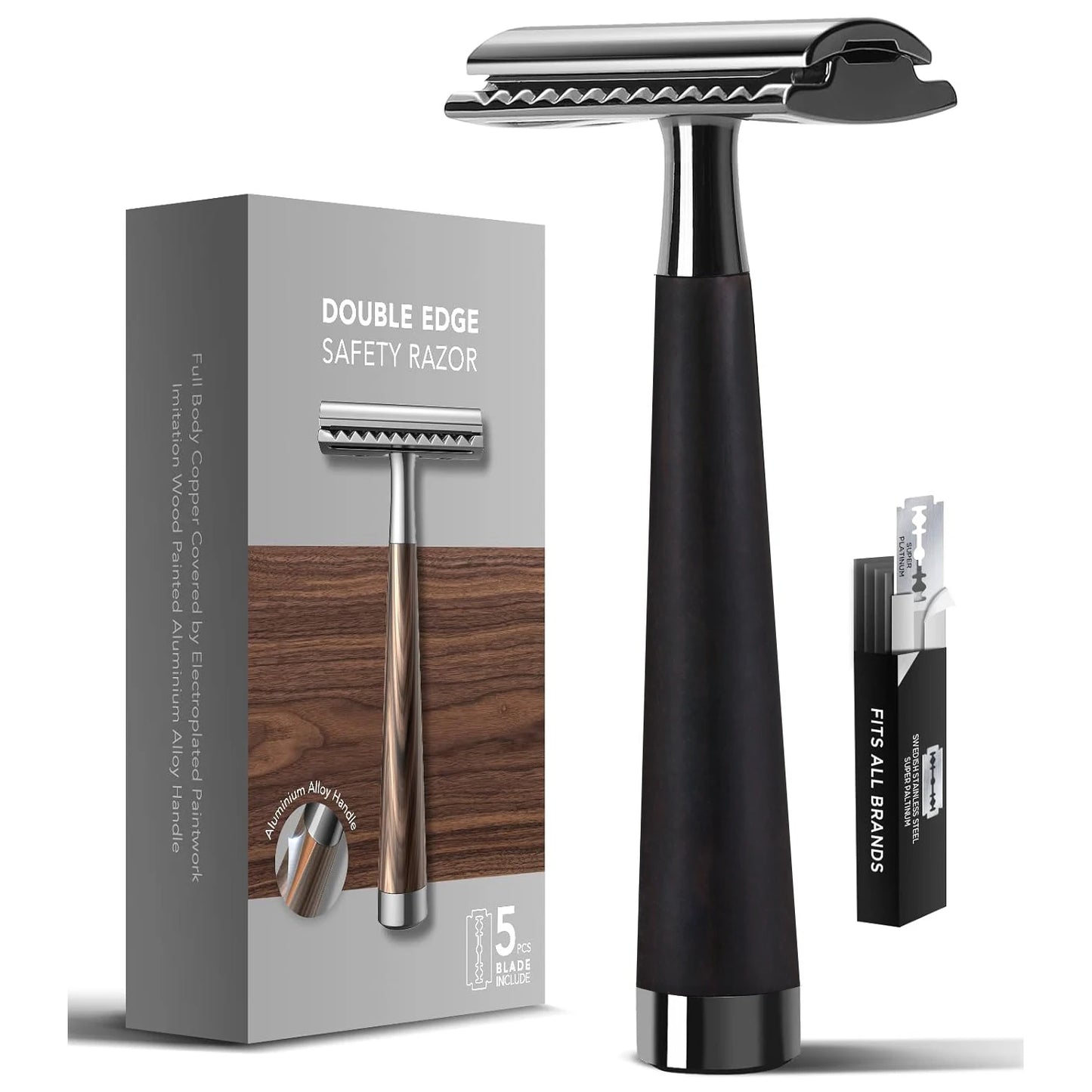 Double Edge Safety Razor – Faux Wood Zinc Alloy Handle with 5 Swiss Stainless Steel Blades, Heavy Duty Eco-Friendly Shaver
