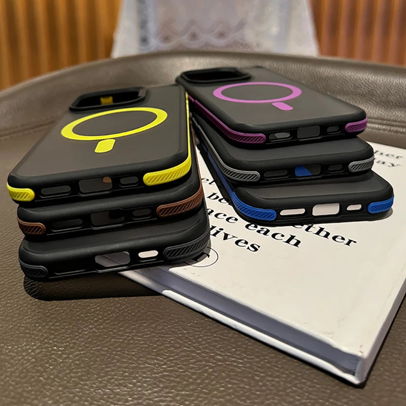 Luxury Patchwork Color Phone Case for iPhone 15/14/13/12/11 Pro Max Plus – Anti-Slip Frosting Translucent Magsafe Magnetic Cover