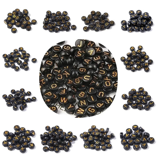A-Z Alphabet Beads Set - 100-500pcs Black Gold Acrylic Letter Beads for DIY Jewelry Making Charm Bracelets Accessories