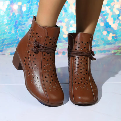 Women’s Hollow-Out Ankle Boots - 2025 Summer Retro Mid-Heel Soft Sole Breathable Shoes