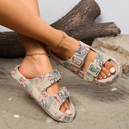 Summer Vacation Women's Slippers – Adjustable Double-Buckle Pillow Platform Sandals for Beach & Travel