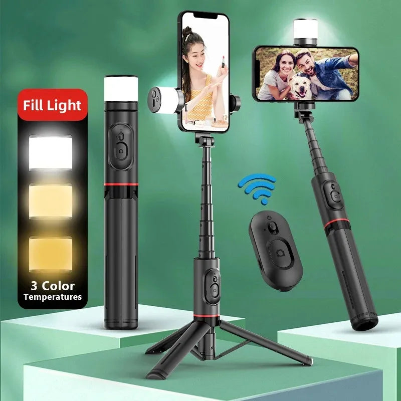 Roreta Portable Wireless Bluetooth Selfie Stick Tripod with Fill Light – Telescopic for iPhone 13, Huawei, Xiaomi & Android Phones