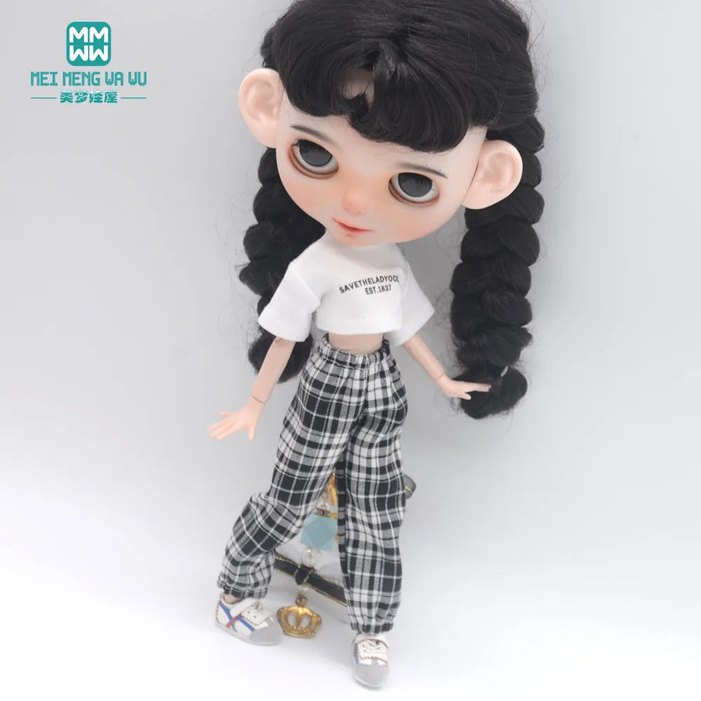 Blythe Doll Clothes – Fashion Tops, Black & White Shirts with Jeans & Plaid Pants for Azone OB22/OB24 Dolls