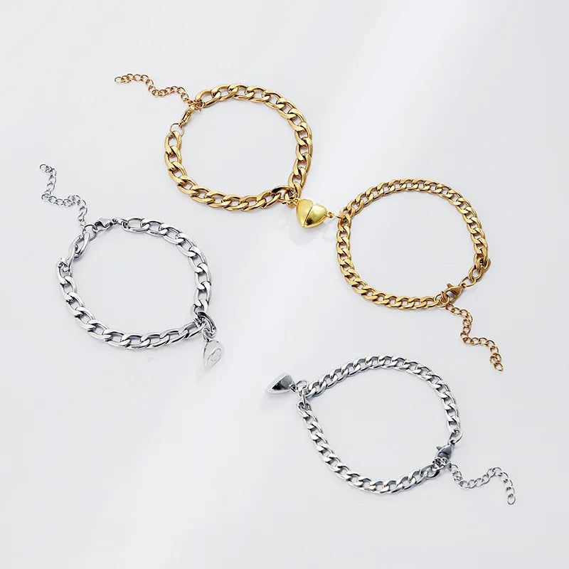 2-Piece Magnetic Couple Bracelet Set - Stainless Steel Heart Charm Cuban Chain Jewelry Gifts