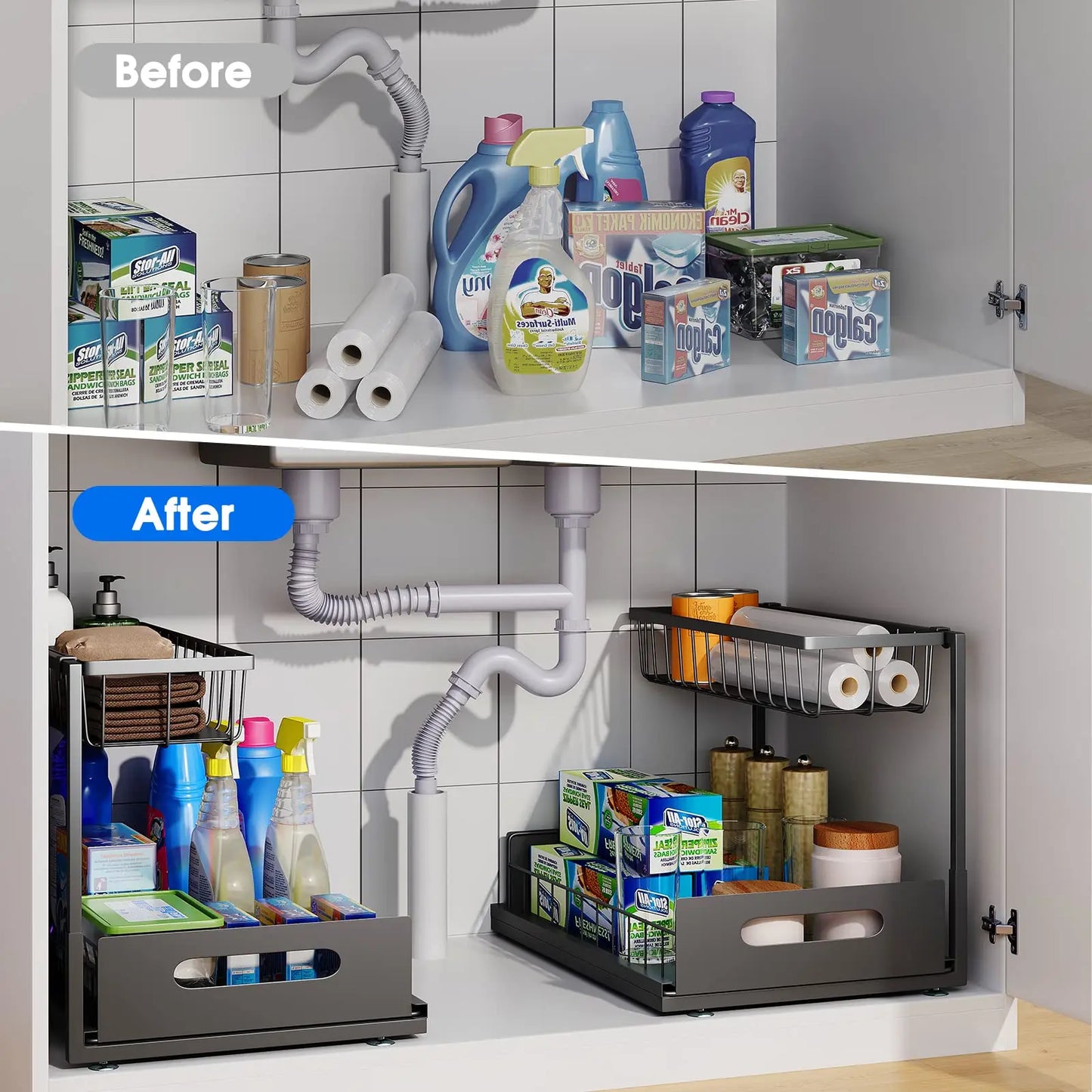 Under Sink 2-Tier Sliding Cabinet Organizer — Pull-Out Basket Drawer for Bathroom & Kitchen Storage