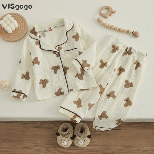 VISgogo Kids Unisex Cotton Linen Pajama Set - Bear Print Long Sleeve Top & Pants, Casual Spring Outfit