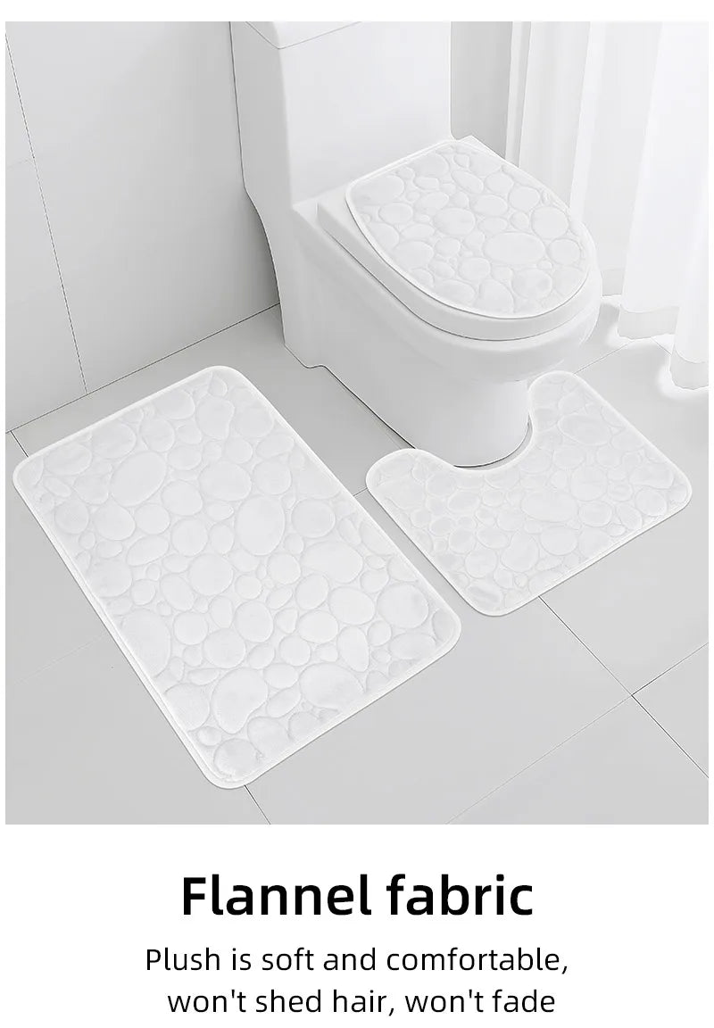 Solid Color Simple Bathroom Mat Set - Water-Absorbing, Non-Slip Stone Pattern, Comfortable & Soft (3PC)
